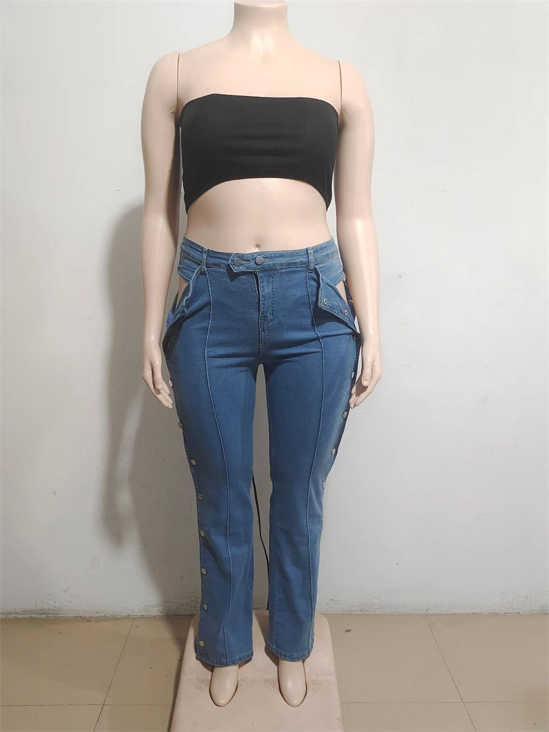Streetwear Denim Trousers Fall Clothing Women Double Side Button Up Straight Jeans Pants Cowboy Denim Pant Jean Trousers Bottoms