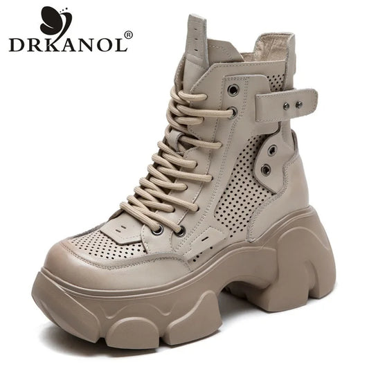 DRKANOL 2026 Summer Cool Boots Women 100% Genuine Leather Round Toe Hollow Out Breathable Thick High Heel Platform Ankle Boots