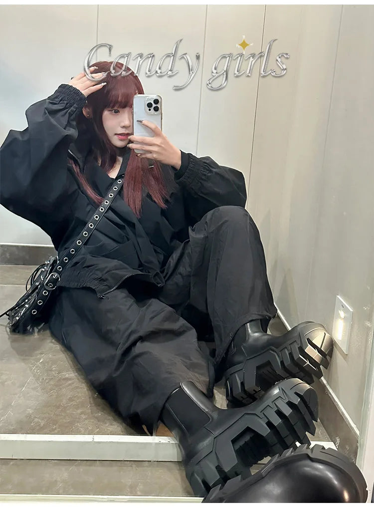 Retro Chelsea Mid-Calf for Women  New round Toe Muffin Gear Platform Black Mid-Calf Length Motorcycle Boots