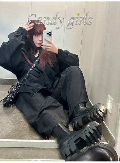 Retro Chelsea Mid-Calf for Women  New round Toe Muffin Gear Platform Black Mid-Calf Length Motorcycle Boots