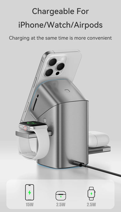 MAXCO Qi2 3-in-1 Wireless charger with Auto-Rotating Phone Dock compatible with MagSafe for iPhone Apple Watch Ultra 2 Airpods