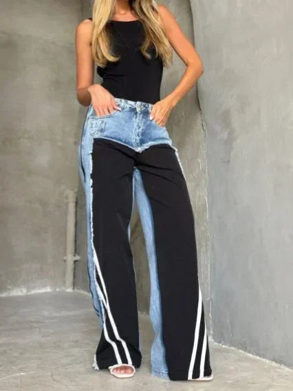 Jeans Women Denim Wide Leg Pants Stripe Trousers Contrast Color Low Waist Washed Pockets 2026 Streetwear Denims Floor Length