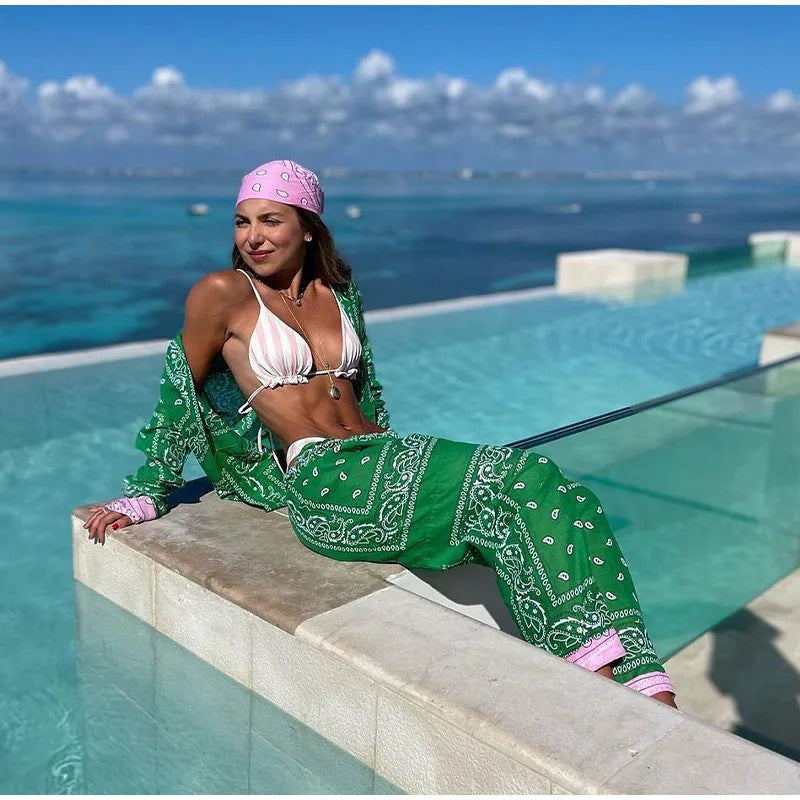 Women's Bandana Print Two Piece Set Boho Long Sleeve Shirt & Wide Leg Pants Matching Outfits for Beach Vacation Streetwear 2026
