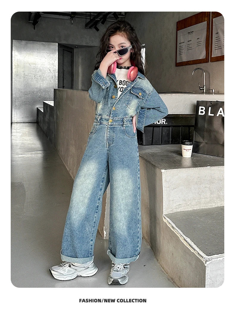 2025 Spring teen Kids girl Denim Jumpsuits Long Sleeve Overalls Children Fashion Jeans Loose Trousers Korean junior Girls Outfit