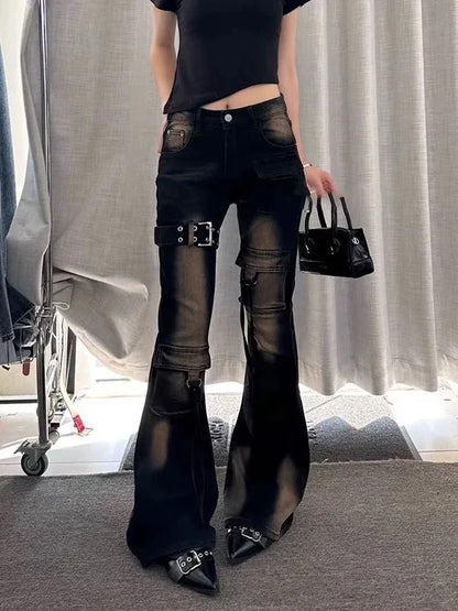 American High Street Spliced Cargo Jeans for Women Summer New Vintage Washed Design High Waist Slimming Flared Pants Women