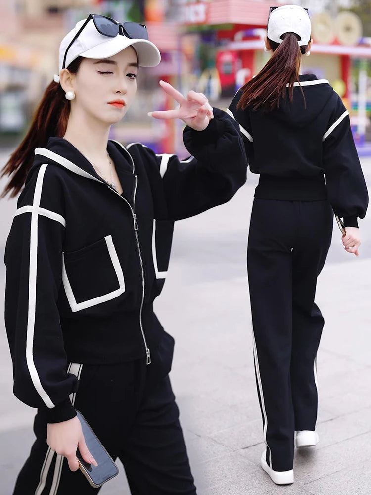 Women's Fashion Color Matching Zipper Cardigan Jacket + Wide-leg Pants Sports Casual Loose Two Piece Set