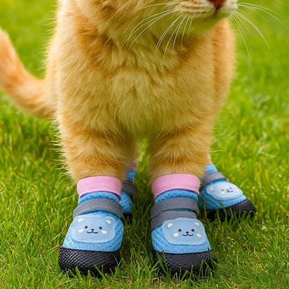 4Pcs/Set Cute Breathable Dog Mesh Shoes Adjustable Wear-resistant Dog Paw Protectors Reflective Dog Footwear Hiking