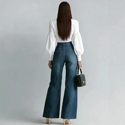 Women's Fashion Zipper Decor Slant Pocket Wide Leg Jeans Casual Pockets High Waist Elegant Loose Denim Trousers