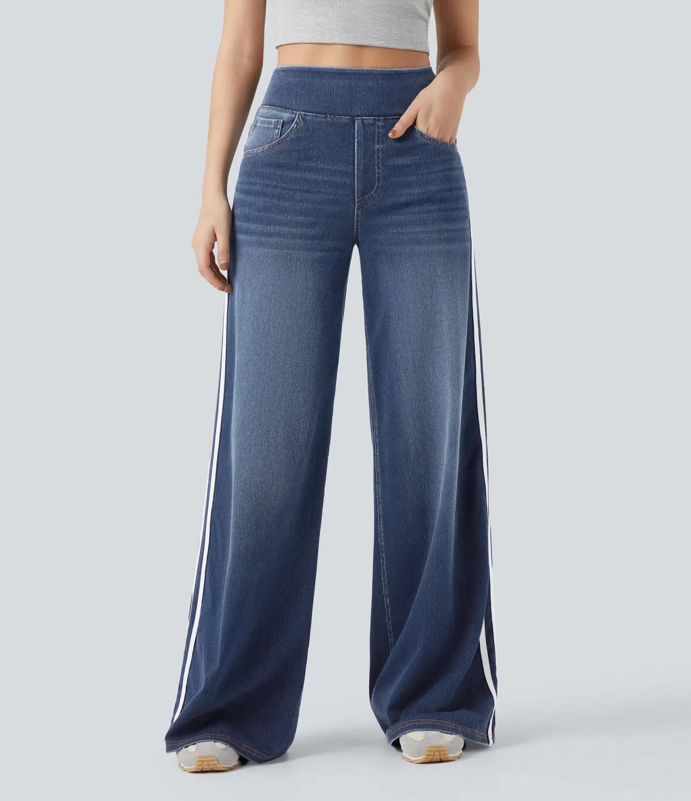 Retro Washed Blue Side Stripe Jeans Women's Y2K High Street Loose Wide Leg Pants Casual Comfortable High Waist Denim Jeans