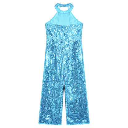 Kids Girls Jazz Dance Performance Jumpsuit Shiny Sequin Sleeveless Halter Romper Birthday Wedding Party Dancing Prom Bodysuit
