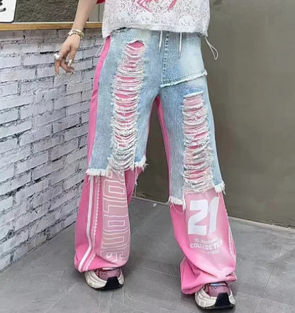 European Trend Suit Women's 2026 Summer New Printed Splicing Denim Ripped Loose Short-sleeved Straight Pants Tide