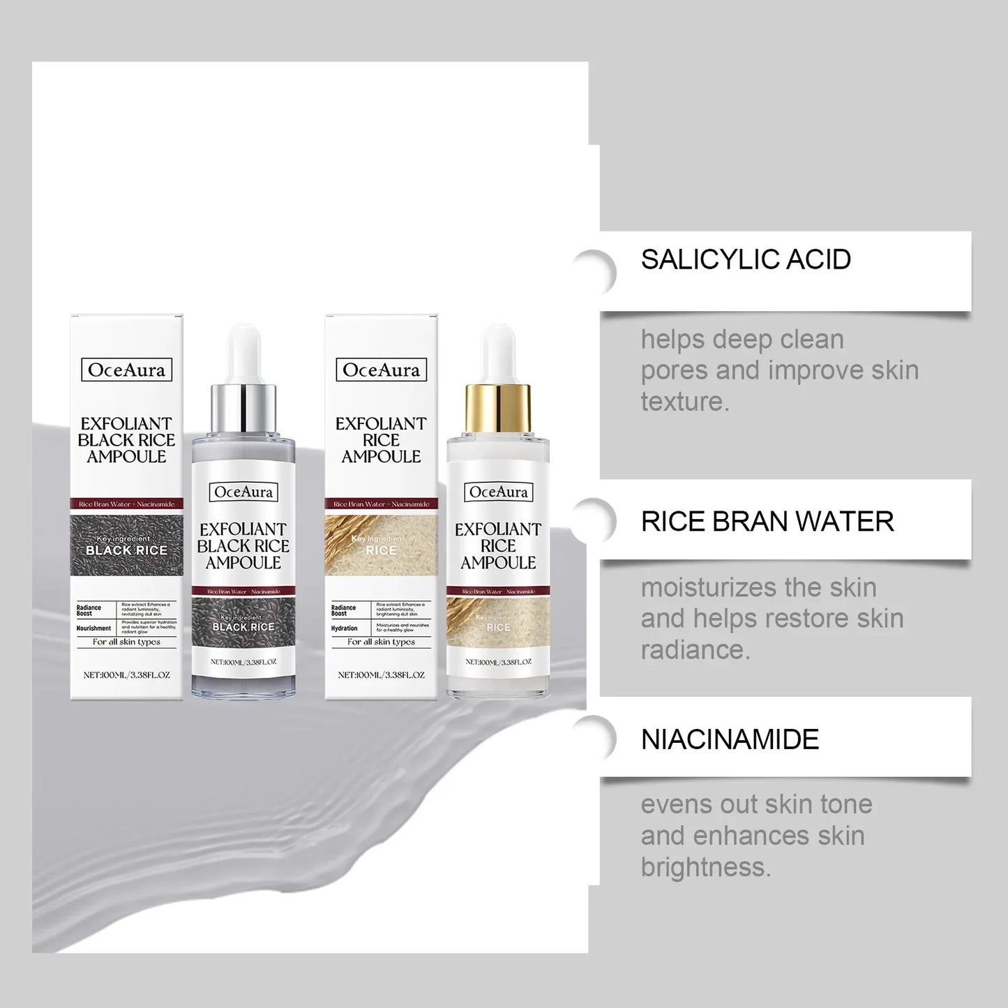 OUHOE White Black Rice Exfoliating Serum Peel Shot Facial Moisturizing Soften Blackhead Removal Hydrating Shrink Pores Skin Care Korea