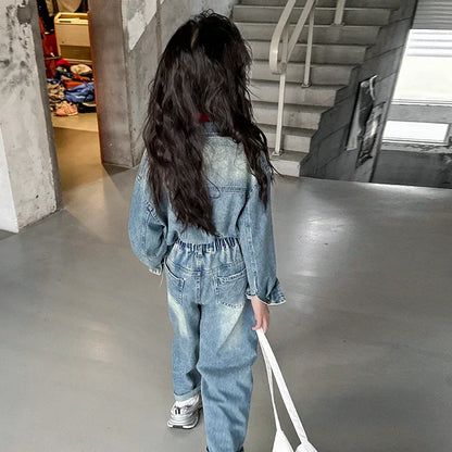 2025 Spring teen Kids girl Denim Jumpsuits Long Sleeve Overalls Children Fashion Jeans Loose Trousers Korean junior Girls Outfit