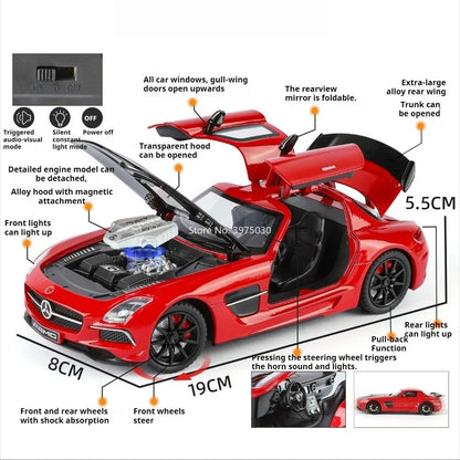 Benz SLS 1:24 Model Car Alloy Diecasting Wheel Steering Miniature Vehicles with Light Music Model Car Gifts