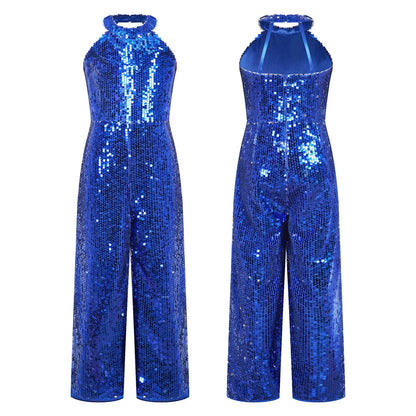 Kids Girls Jazz Dance Performance Jumpsuit Shiny Sequin Sleeveless Halter Romper Birthday Wedding Party Dancing Prom Bodysuit