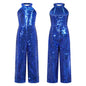 Kids Girls Jazz Dance Performance Jumpsuit Shiny Sequin Sleeveless Halter Romper Birthday Wedding Party Dancing Prom Bodysuit