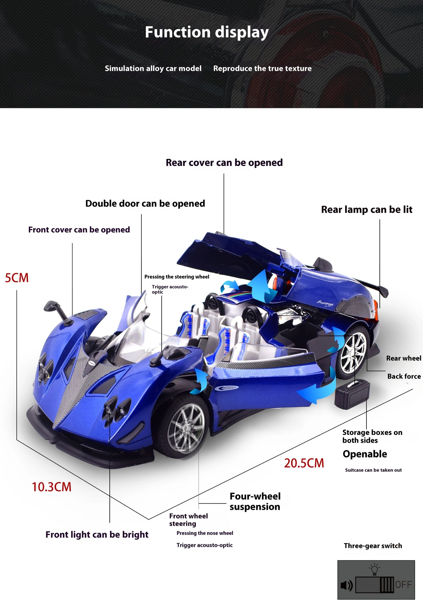 Simulated Super Sports 1:24 Car Zonda Alloy Car Model, Sound and Light Ornaments, Car Collection Toy Gift