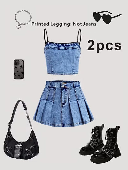Girls 2-Piece Faux Denim Outfit – Denim Print Cami Crop Top & Pleated Mini Skirt Set (Non-Denim Fabric)