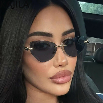 Sexy Cat Eye Punk Rimless Sunglasses Women Luxury Brand Retro Steampunk Polygon Sun Glasses For Ladies Fashion Shades UV400
