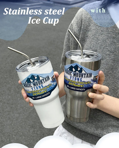 Magic Stainless Steel Freeze Thermos Cup with Straw Ice Coffee Drink Vacuum Insulated Bottle Car Travel Outdoor Mountain Cup
