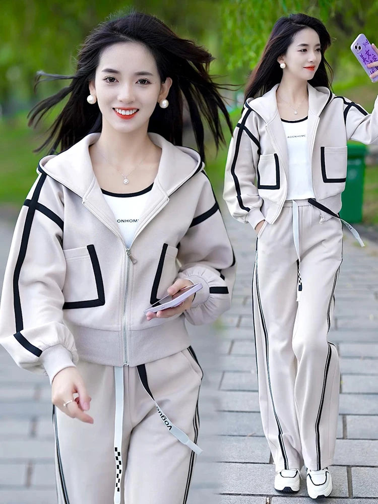 Women's Fashion Color Matching Zipper Cardigan Jacket + Wide-leg Pants Sports Casual Loose Two Piece Set