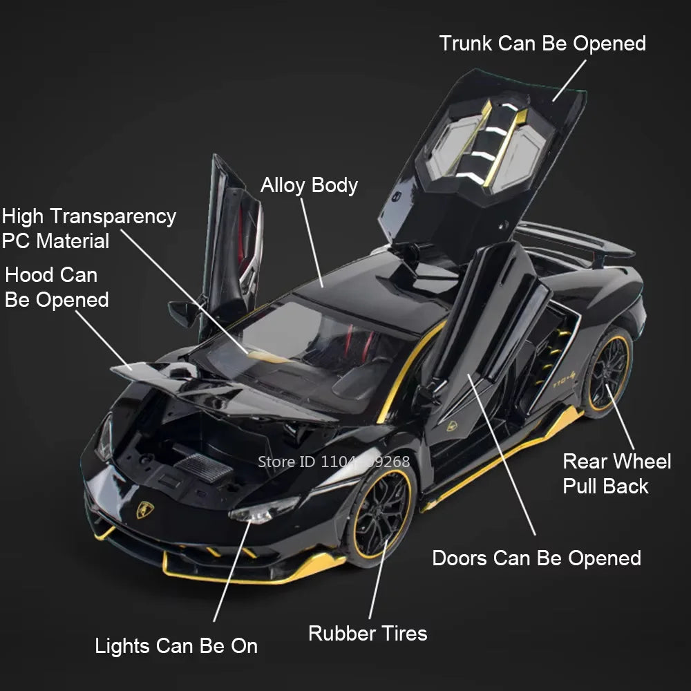 Lambor SCV12 LP770- 1:24  Car Model Alloy Diecast Sound Light Pull Back Doors Opened Vehicle Models Toy