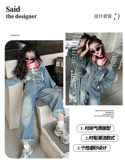 2025 Spring teen Kids girl Denim Jumpsuits Long Sleeve Overalls Children Fashion Jeans Loose Trousers Korean junior Girls Outfit
