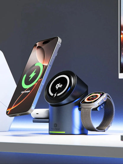 New Qi2 3In1 Magnetic Wireless Charger 15W Fast Charging Station Touch Button for IPhone Android Phones iWatch AirPods