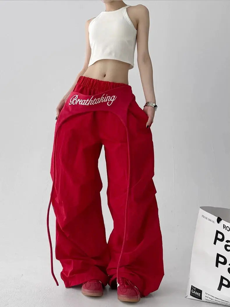 Korean Y2K Cargo Pants Women Streetwear Letter Print Baggy Sweatpants Gyaru Harajuku Wide Leg Joggers Summer Casual Trousers