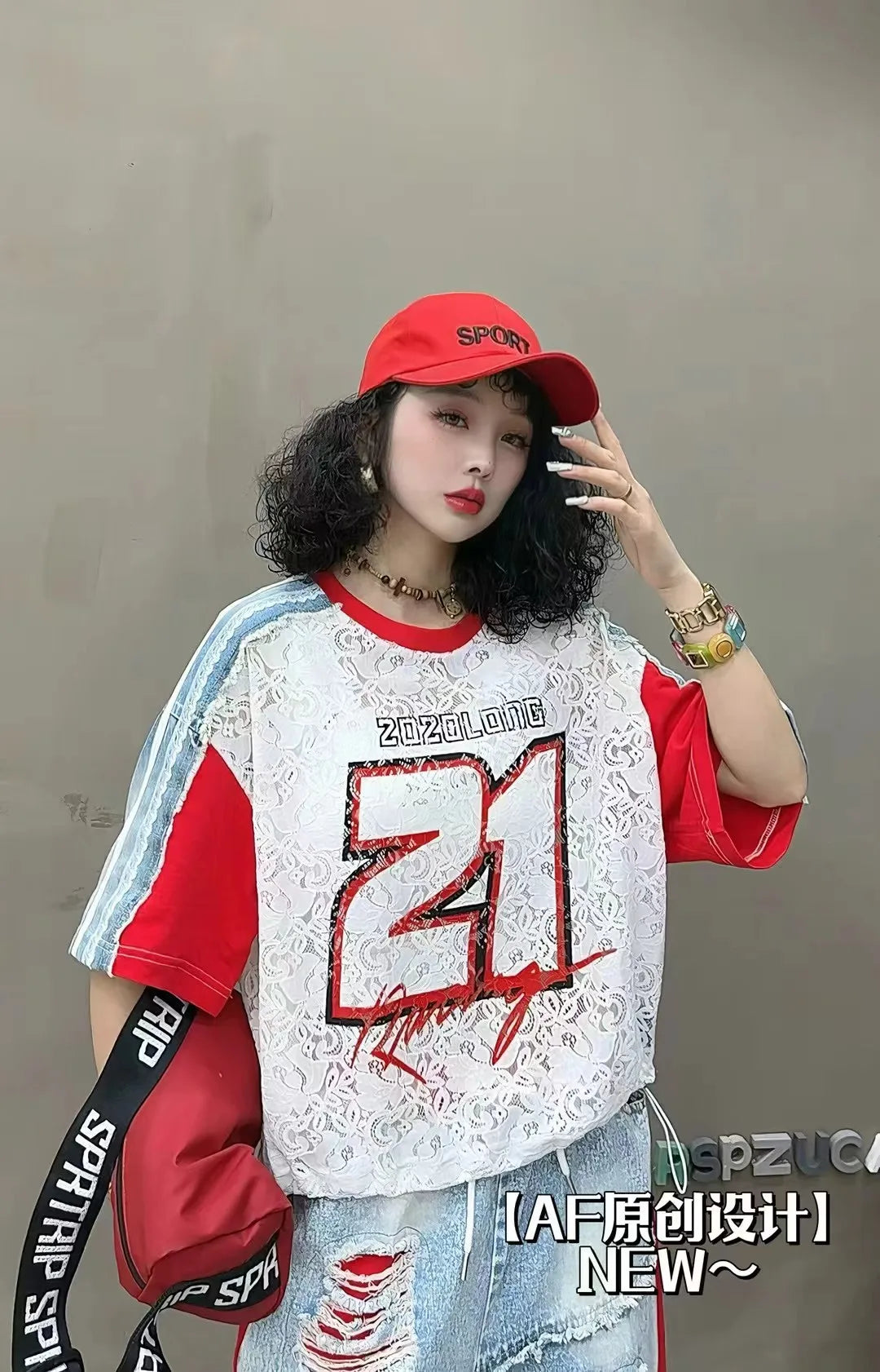 European Trend Suit Women's 2026 Summer New Printed Splicing Denim Ripped Loose Short-sleeved Straight Pants Tide