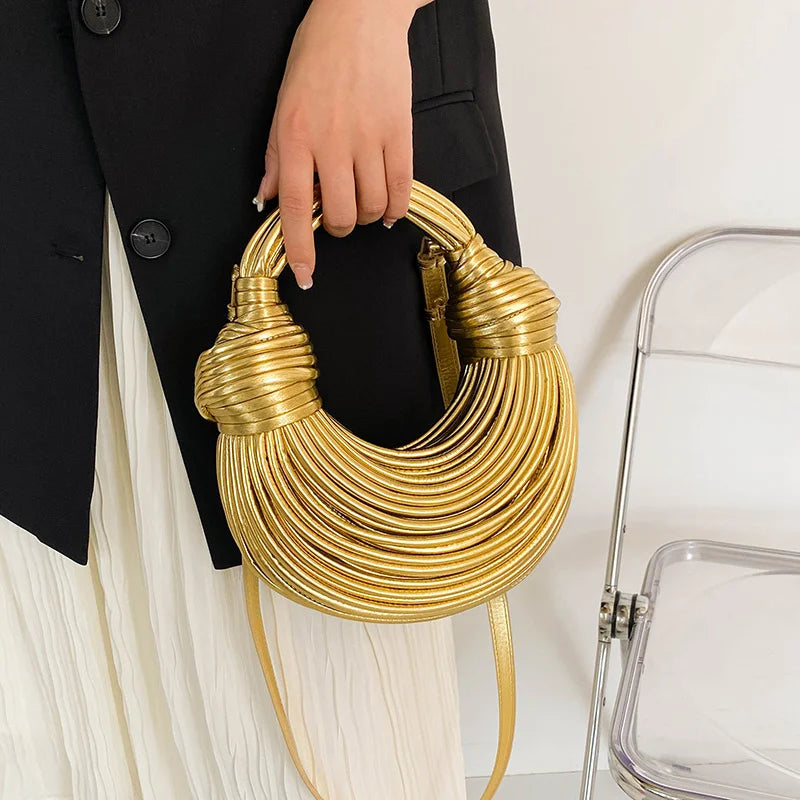 2026 New Gold Handbags for Women Luxury Designer Brand Handwoven Noodle Bags Rope Knotted Evening Clutch Underarm Dumpling Bag