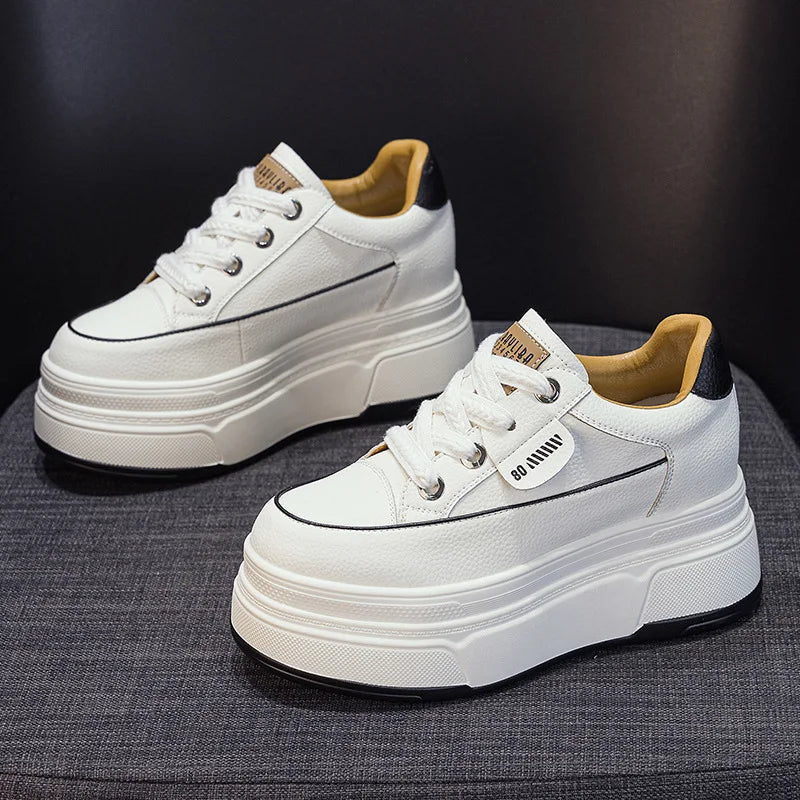9cm 3 inch comfortable platform sneakers for women Genuine Leather Women Vulcanized Shoes Platform High Heels Casual Shoes 2026