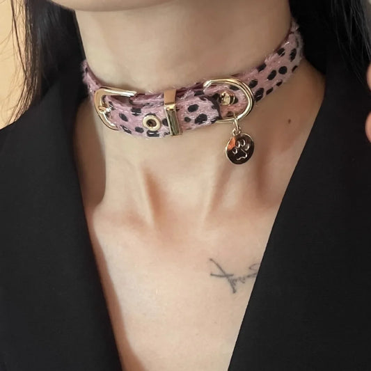 Y2K 2026 Sweet Cool Punk Puppy Footprint Necklace Leopard Pattern Pendant Horse Hair Choker Collar Leather Neck Belt Party Jewelry
