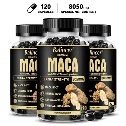 20X Natural Concentrated Extracts Black + Red + Yellow Maca Root, Korean Ginseng, Ashwagandha, Maca Root Capsules 8050 Mg