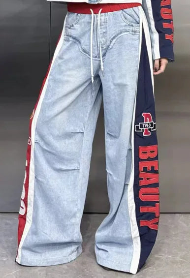 European Trend Suit Women 2026 Spring New Denim Splicing Letter Embroidered Long-sleeved Top Elastic Waist Trousers Casual Sets