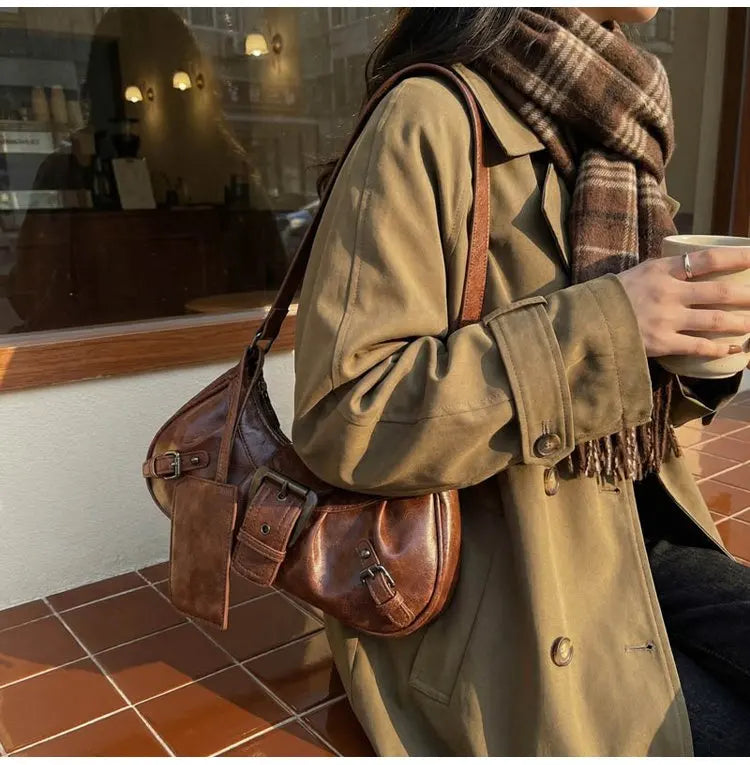 Shoulder Bags Y2K Retro Style Shoulder Bag, Maillard Pleated Rivet Armpit Bag, Fashionable Ladies Cool Leather Shoulder Bag