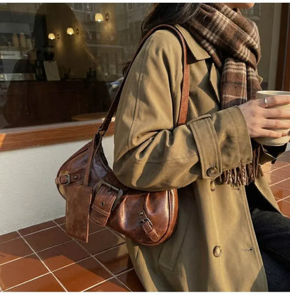 Shoulder Bags Y2K Retro Style Shoulder Bag, Maillard Pleated Rivet Armpit Bag, Fashionable Ladies Cool Leather Shoulder Bag