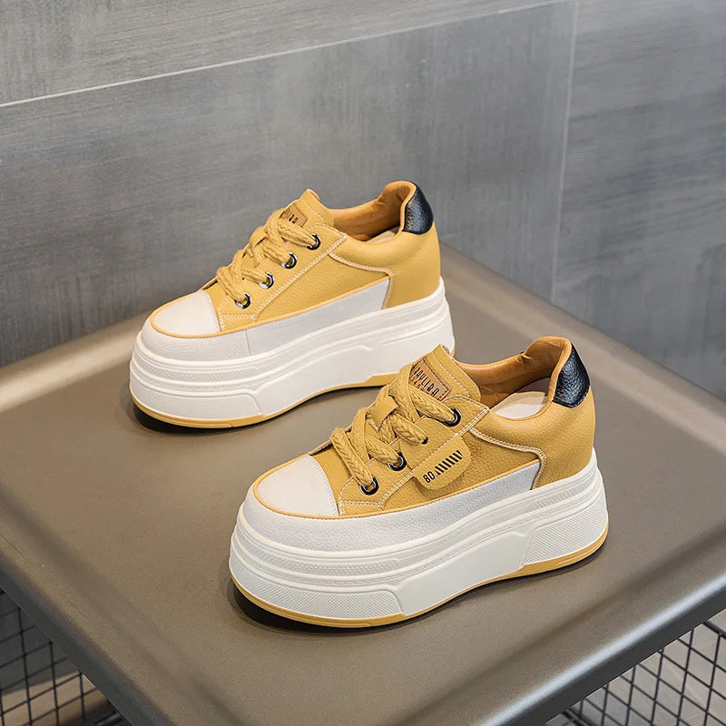 9CM Cow Suede Genuine Leather Women Vulcanized Shoes Platform Wedge High Top Skate Boarding High Brand Heels Casual Stable Shoes