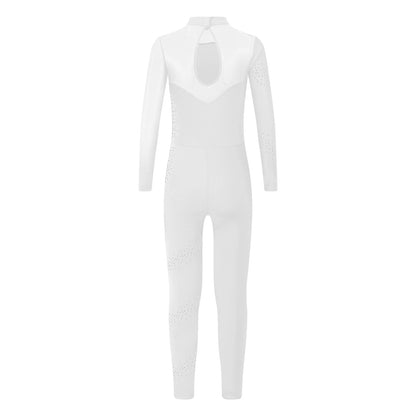 Kids Girls Ballet Dance Gymnastics Leotard Figure Skating Acrobatics Yoga Bodysuit Long Sleeve Shiny Rhinestone Mesh Jumpsuit