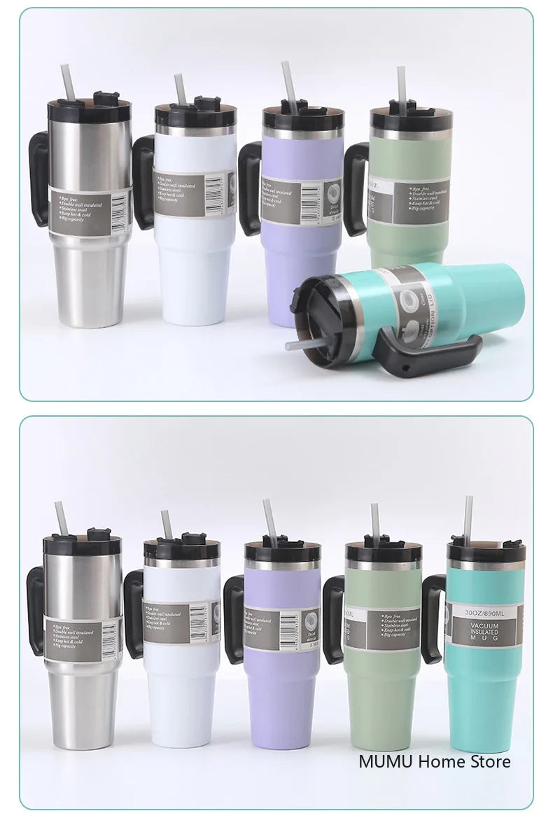 Stainless Steel Car Thermos Bottle Travel Sports Water Bottle Large Capacity with Handle Straw Mug Outdoor Coffee Cup 20oz/30oz