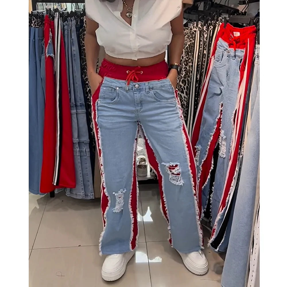 High Waist Ripped Jeans Women Colorblock Contrast Distressed Patchwork Pants Streetwear Wide Leg Long Stretch Denim Jeans
