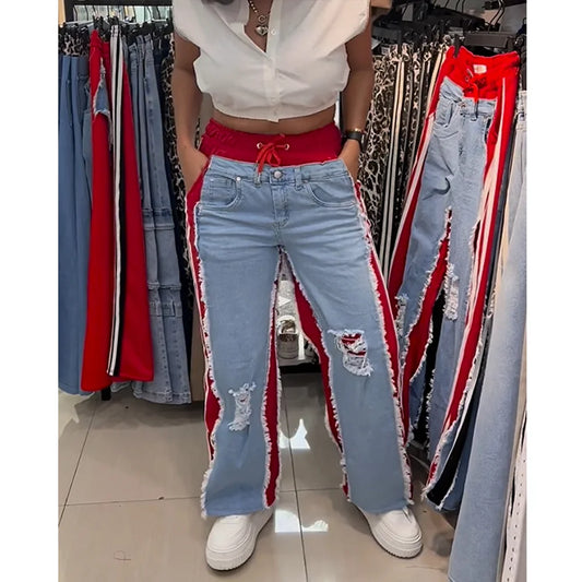 High Waist Ripped Jeans Women Colorblock Contrast Distressed Patchwork Pants Streetwear Wide Leg Long Stretch Denim Jeans