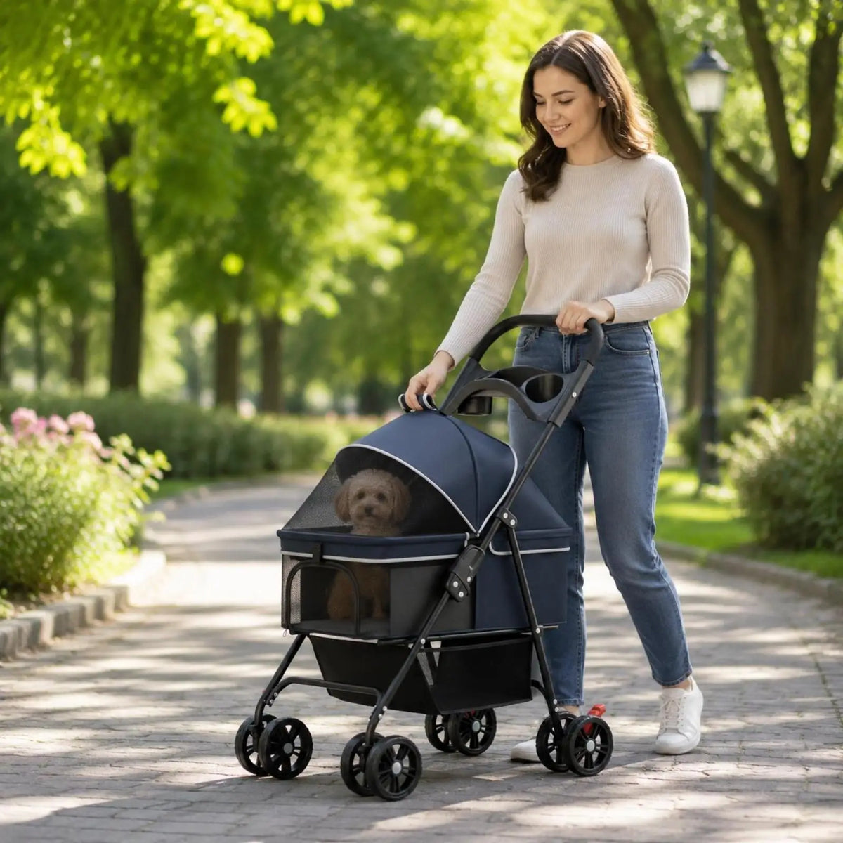 Foldable Pet Transport Cart Carrier for Small Dogs Cats Portable Rolling Travel Cart with Detachable Carrier Bag Oxford Cloth