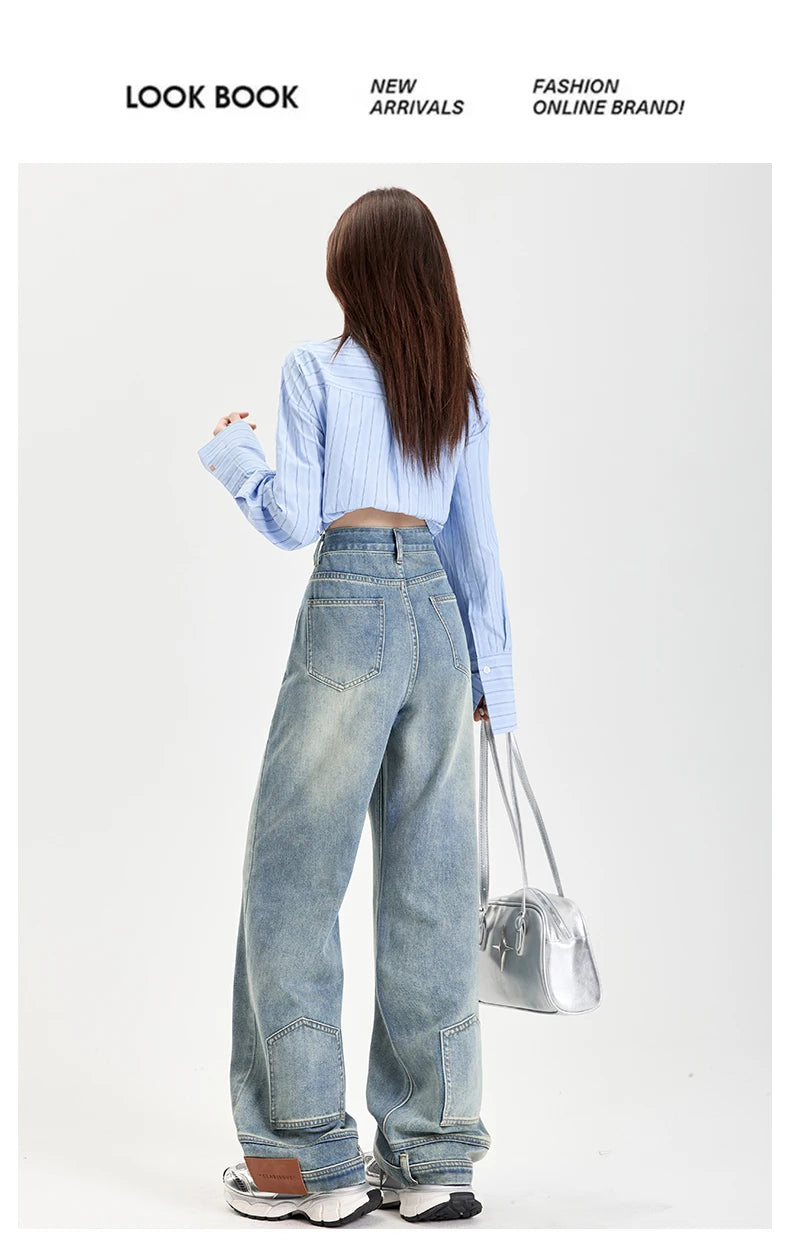 Ins Fashion American Retro Baggy High Waisted Jeans Woman High Street Denim Pants Reversible Trousers Streetwear Y2K Loose Jeans