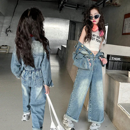 2025 Spring teen Kids girl Denim Jumpsuits Long Sleeve Overalls Children Fashion Jeans Loose Trousers Korean junior Girls Outfit