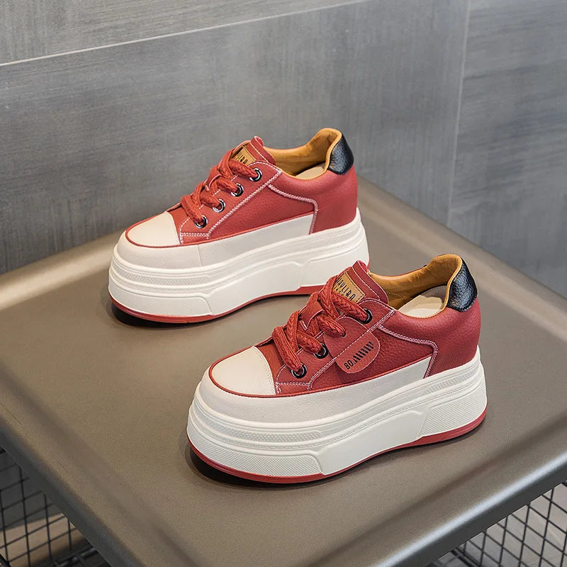 9CM Cow Suede Genuine Leather Women Vulcanized Shoes Platform Wedge High Top Skate Boarding High Brand Heels Casual Stable Shoes