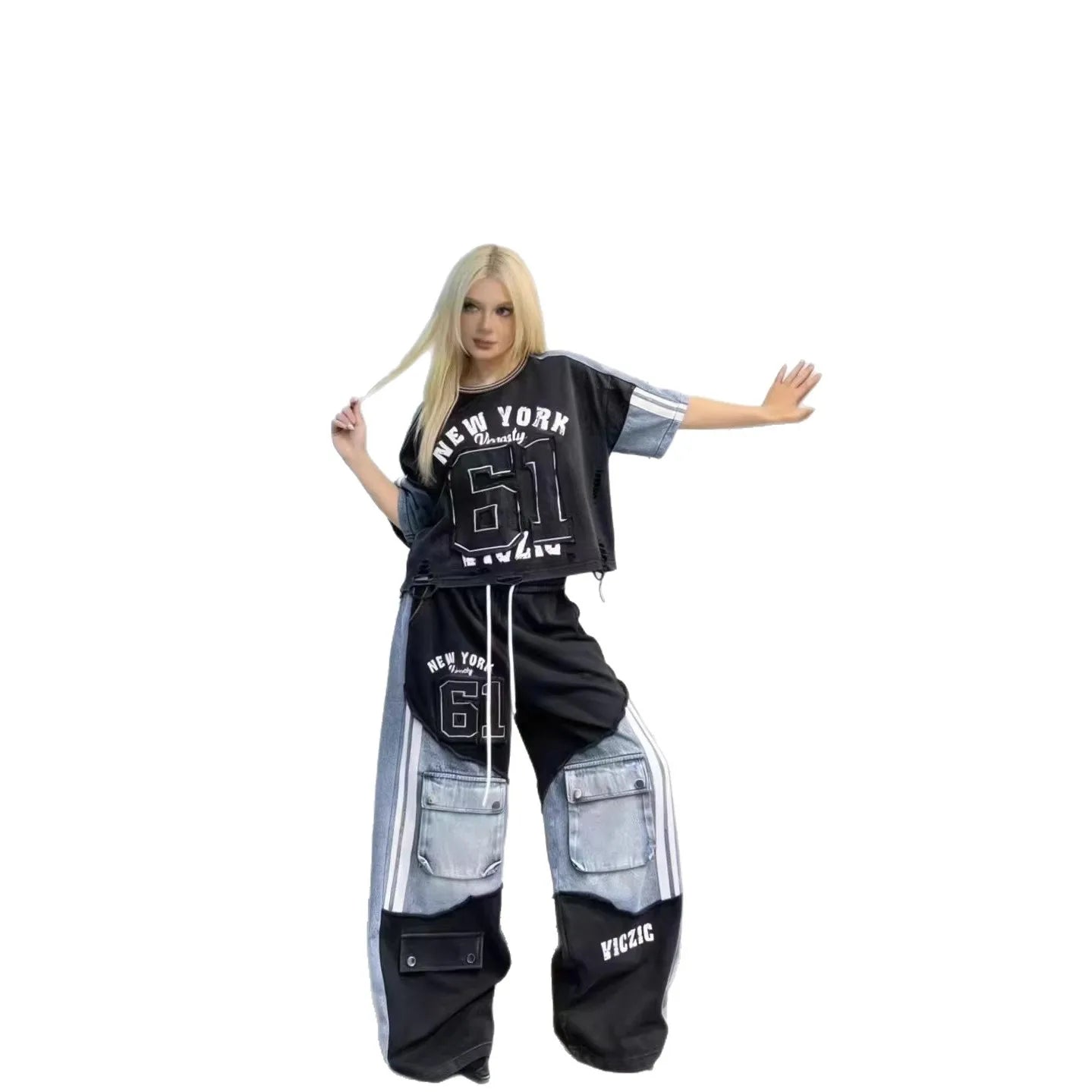 European Casual Suit Women's 2026 Spring and Summer New Letter-printed Trousers Denim Splicing Ripped Short-sleeved Top