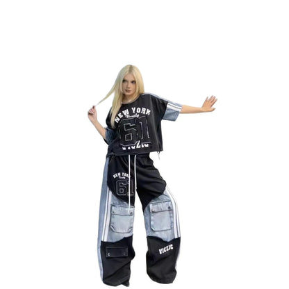 European Casual Suit Women's 2026 Spring and Summer New Letter-printed Trousers Denim Splicing Ripped Short-sleeved Top