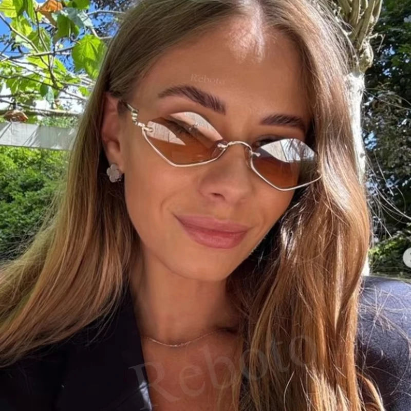 Small Frame Hexagon Sunglasses Women 2026 Luxury Brand Metal Rimless Rhombus Sun Glasses For Female Retro Polygon Eyewear UV400
