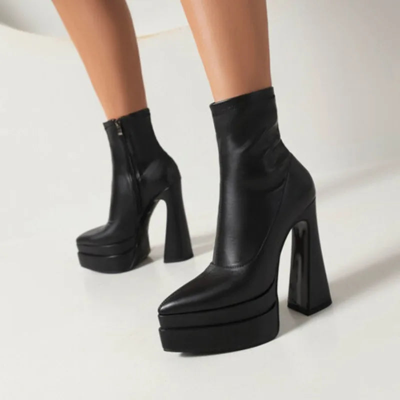 New 2026 Style Fashion High-heeled Women's Boots Solid PU Pointed Toe Zipper Platform Square Heel Women's Boots